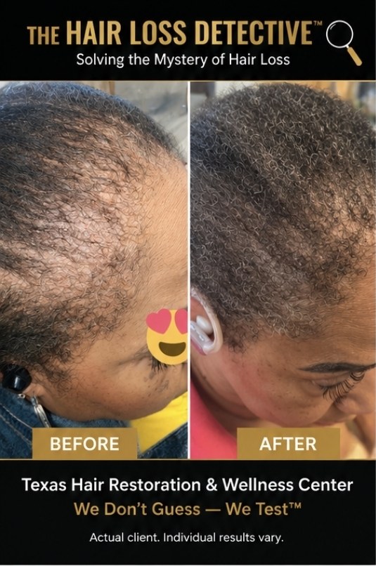 Before and after photograph of an actual Texas Hair Restoration & Wellness Center client, shown with permission (3 of 3)