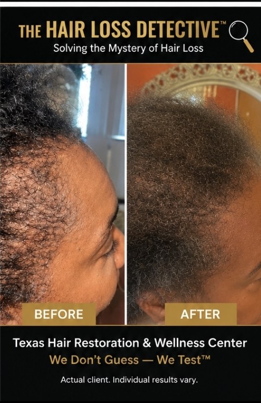 Before and after photograph of an actual Texas Hair Restoration & Wellness Center client, shown with permission (1 of 3)